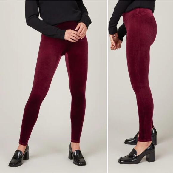Spanx Leggings Womens Large Burgundy Velvet High Rise Holiday Classic Slim Shape - Picture 1 of 9